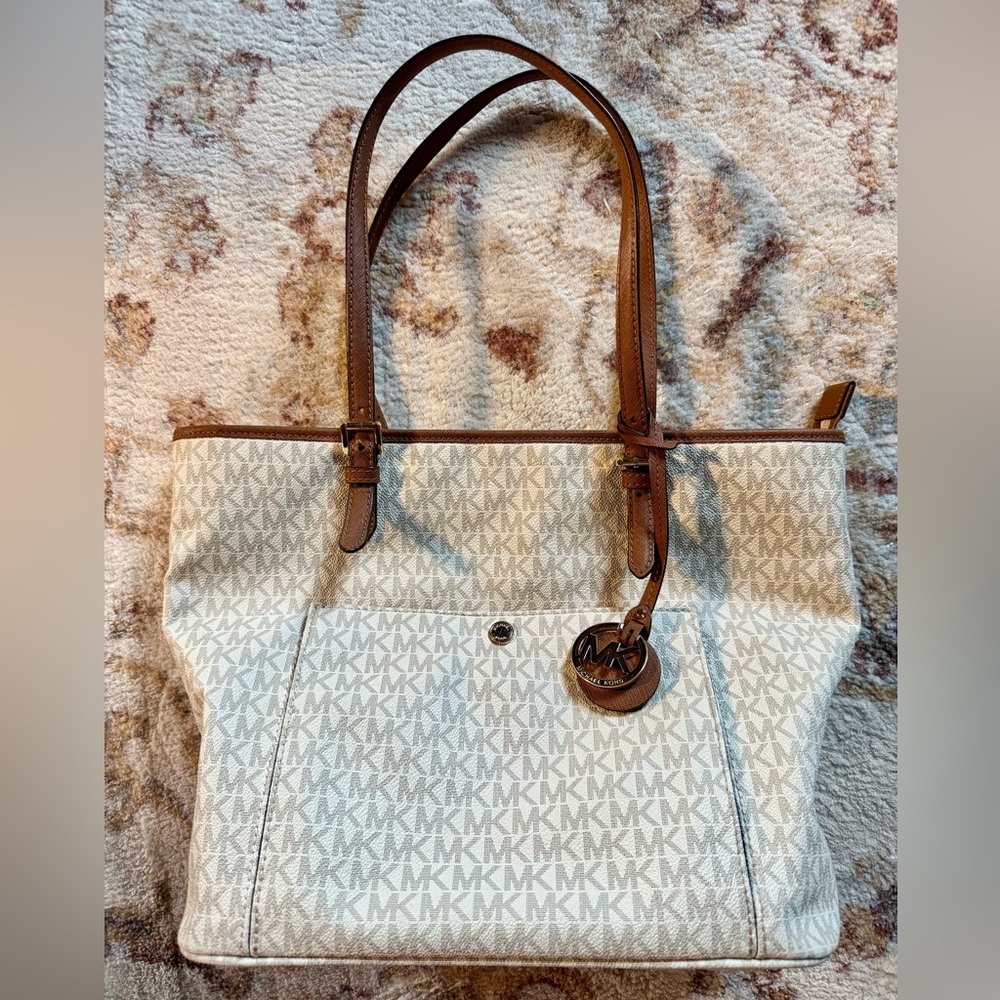 Michael Kors Cream and Tan Large Jet Set Signature Monogram Tote